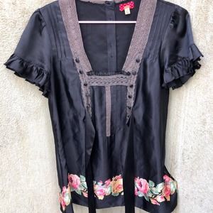 Free People Silk Floral Print Smocked Tie Back Top